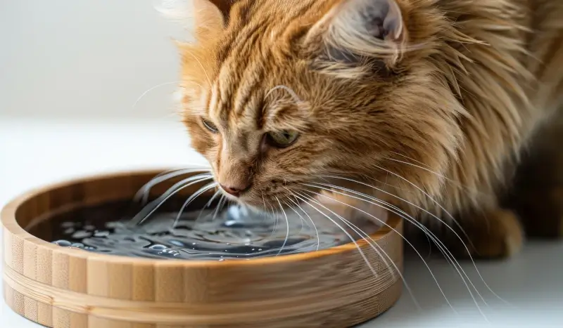 Ginger cat drinking water out of a wooden bowl