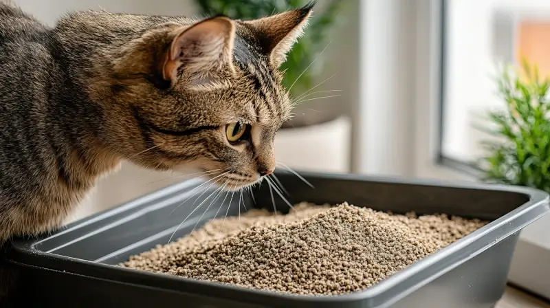 A tabby cat looking into a litter box