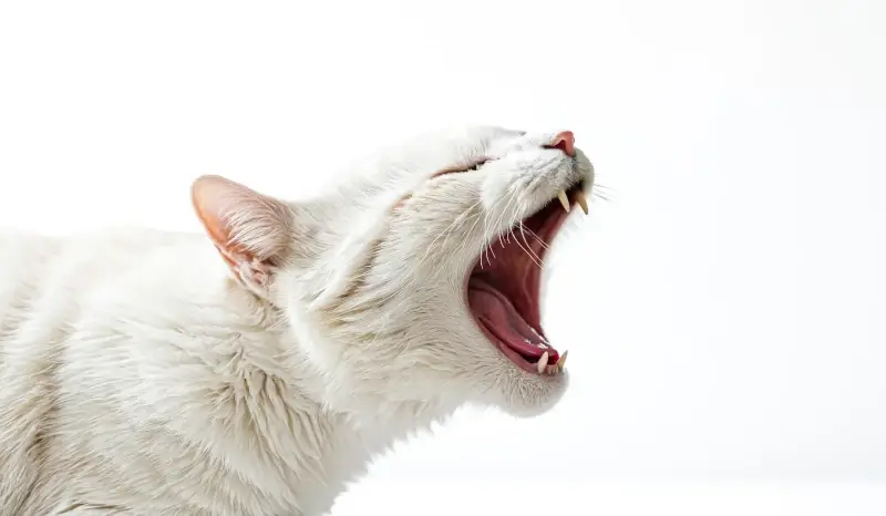 Photo of a white cat with its mouth wide open showing its teeth